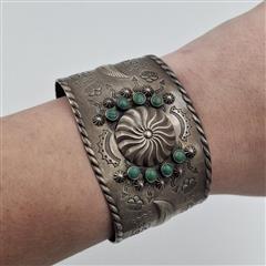 Vintage Fred Harvey Era 925 Sterling Silver Green Turquoise Cuff Bracelet *READ*